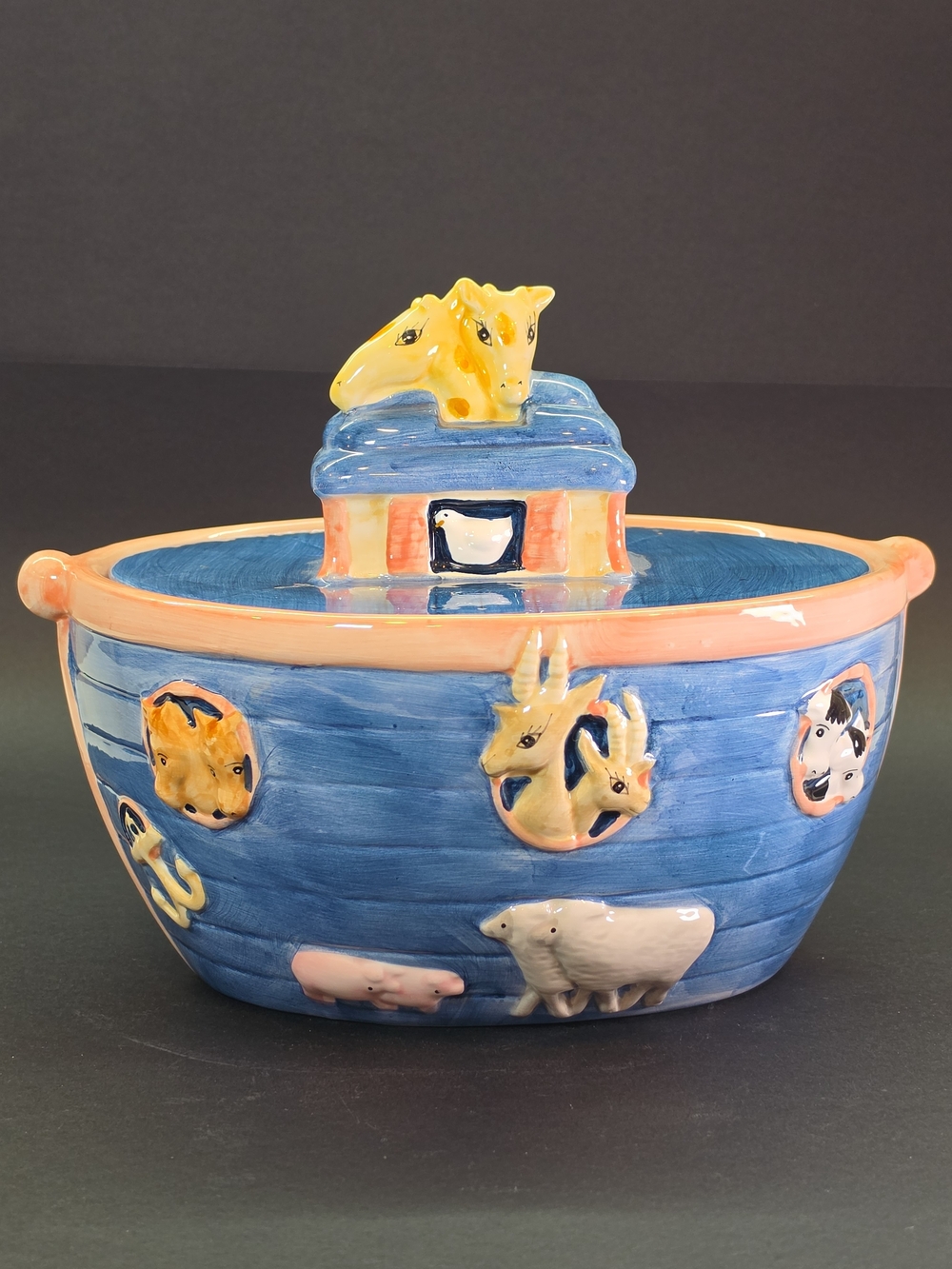 Noah's Ark Ceramic Cookie Jar EDI Sausalito Vintage VHTF RARE Blue Flat Lid
